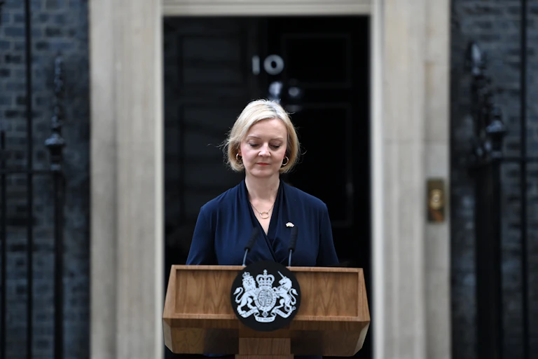 Liz Truss giving her resignation speech.