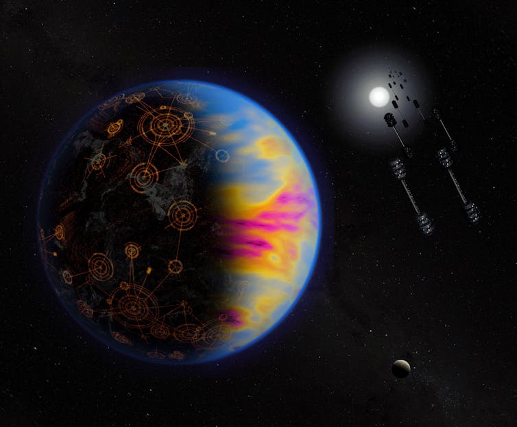An artist's depiction of a planet covered in cities and with a chemically altered atmosphere.