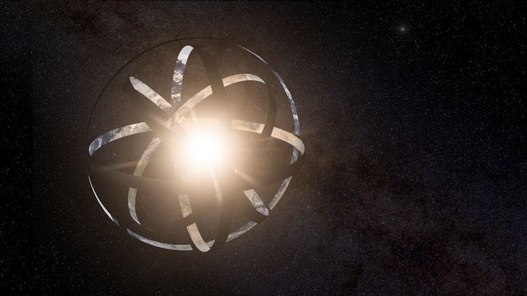 A rendering of a massive set of rings around a star in space.