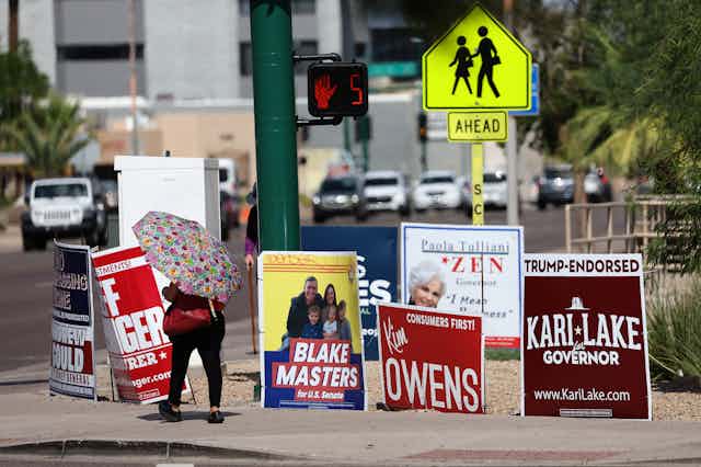 Woman holding an umbrella strolls past a series of campaign signs.