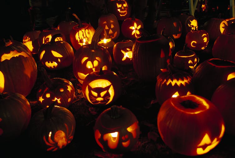 a collection of lit jack-o-lanterns