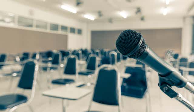 A microphone at a meeting.