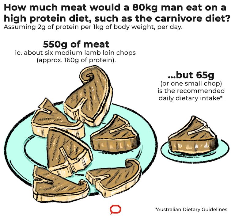 An illustration showing six medium lamb loin chops weighing 550g and containing 160g of protein on one side, and one 65g small lamb chop on the other – the recommended dietary intake.