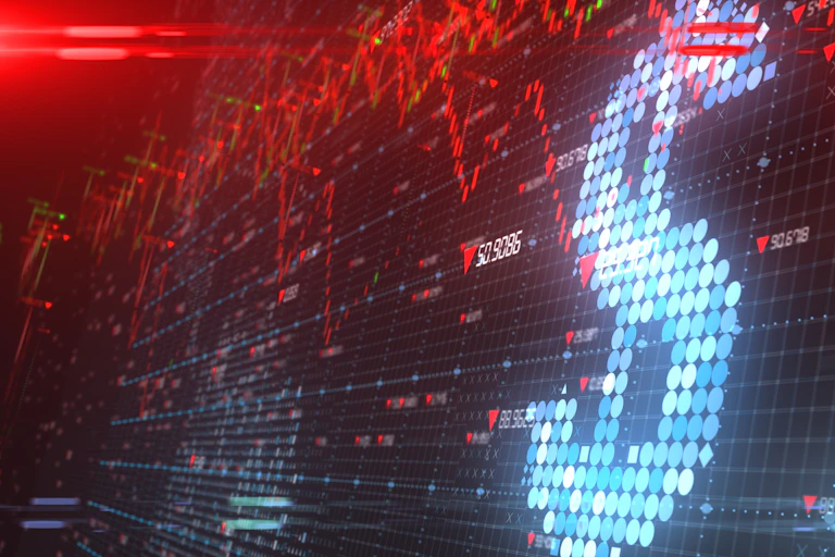 Digital screen showing large dollar sign and red graph lines.