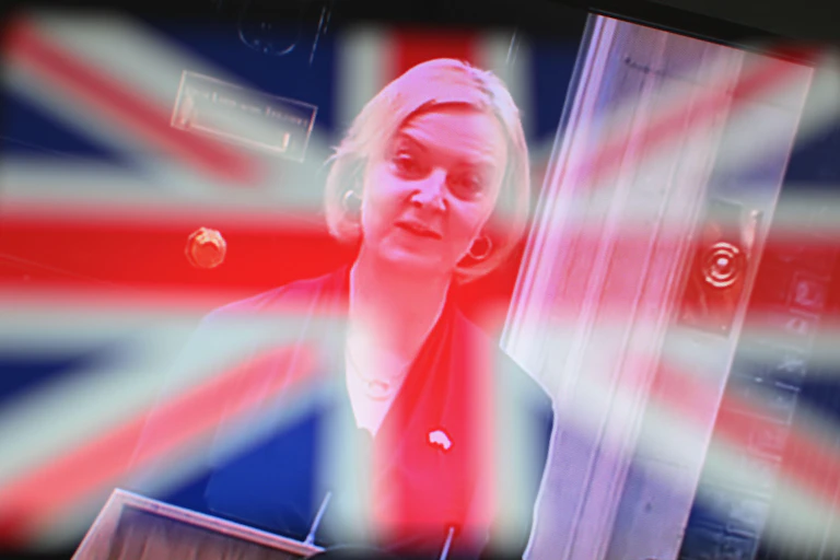 A union flag superimposed over a picture ofLiz Truss