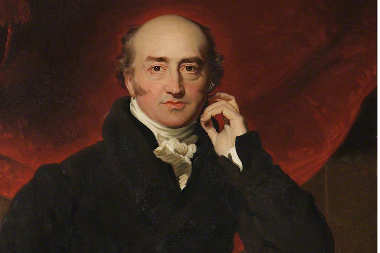 Painted portrait of George Canning, a balding man with sideburns, against a red background
