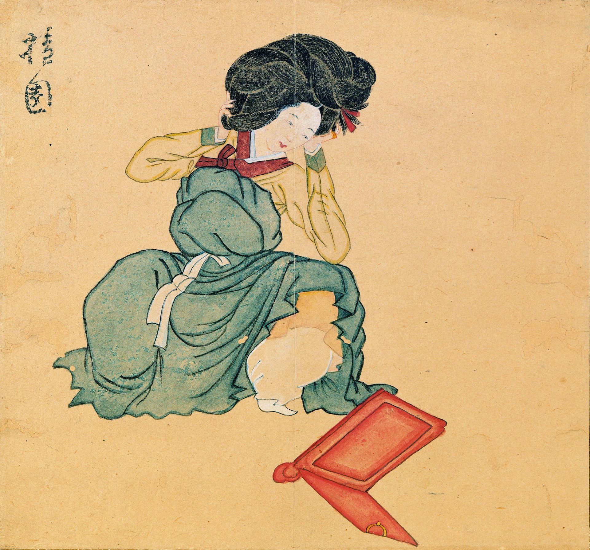 A painting of a woman putting on makeup.