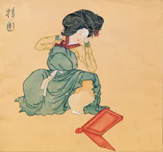 A painting of a woman putting on makeup.