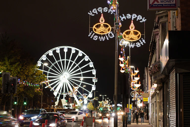 Bright lights on a city street.