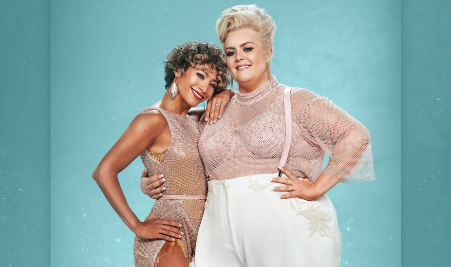 Two women smiling and dressed up for the launch of Strictly Come Dancing.
