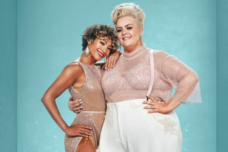 Two women smiling and dressed up for the launch of Strictly Come Dancing.