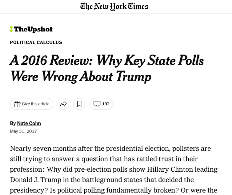 A screenshot of a story in the New York Times about polling mistakes in the US 2016 presidential election.