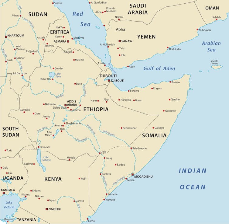 A yellow and blue map of the Horn of Africa.