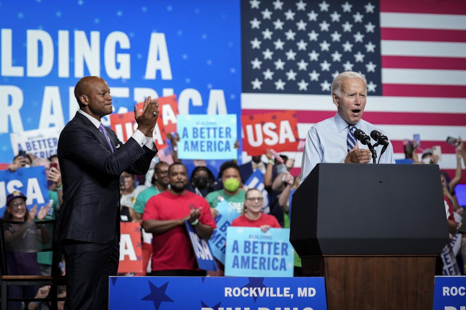 Joe Biden en meeting en compagnie de Wes Moore, candidat démocrate au poste de gouverneur du Maryland