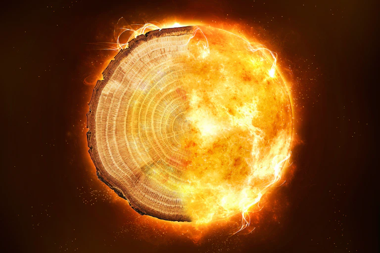 A circular image against a dark background, half tree ring and half sun.