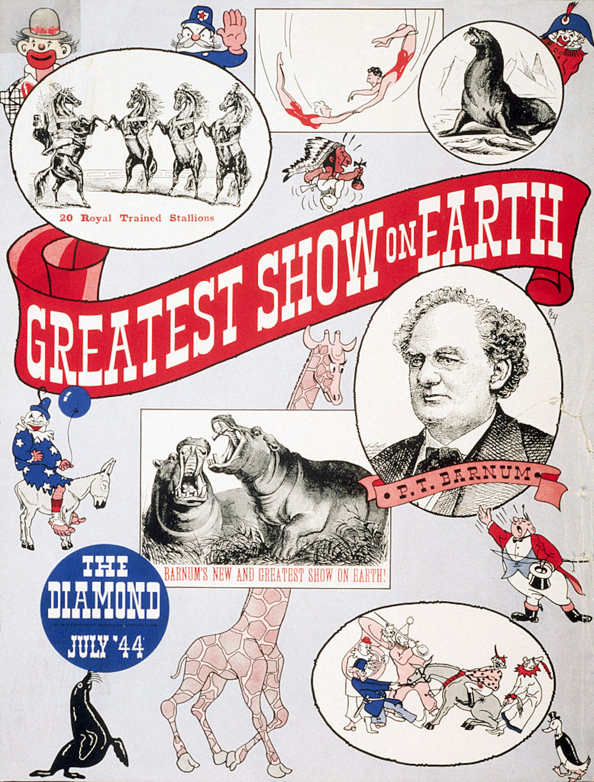 Circus advertisement featuring drawings of clowns and animals.