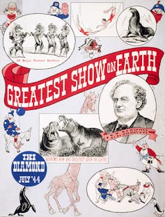 Circus advertisement featuring drawings of clowns and animals.