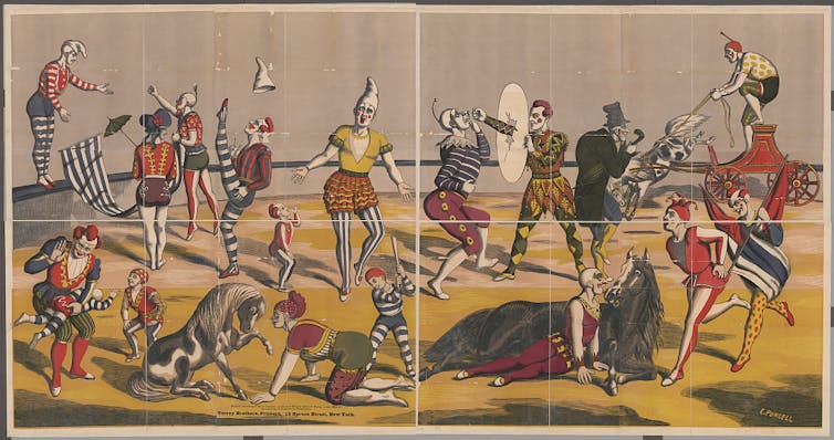 A circus poster featuring clowns engaged in various hijinks.
