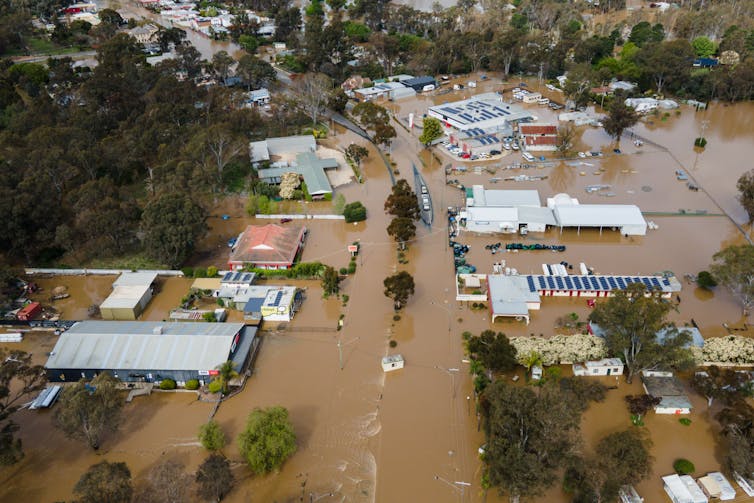 aerial view of flooded town