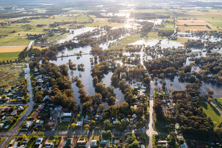aerial view of flooded town