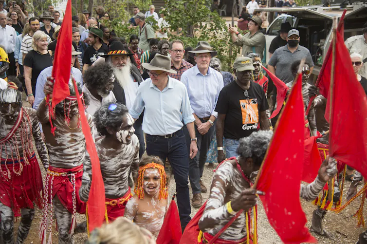 Anthony Albanese speaks with First Nations people at the Garma Festival.