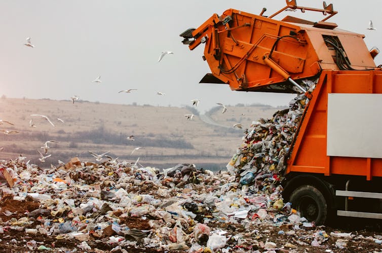 A truck emptying rubbish on landfill pile