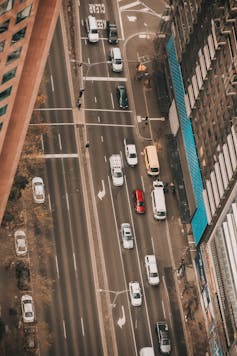 Aerial view of an eight-lane road in Melbourne.