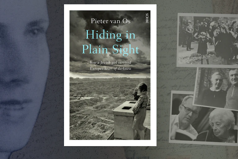 a beautiful young woman; a book cover - Hiding in Plain Sight - a group of Jewish people in the Warsaw ghetto, a German couple, and a middle-aged man reading a book with an elderly woman