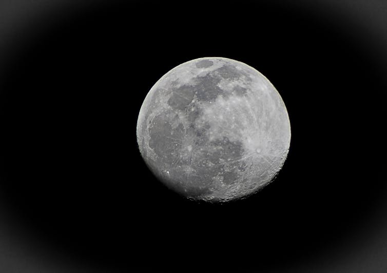 An image of an almost-full Moon.