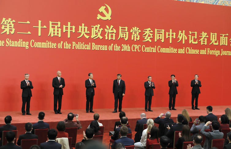 Standing Committee of the Political Bureau of the 20th Chinese Communist Party (CPC) Central Committee Li Xi, Cai Qi, Zhao Leji, Chinese President Xi Jinping, Li Qiang, Wang Huning, and Ding Xuexiang.