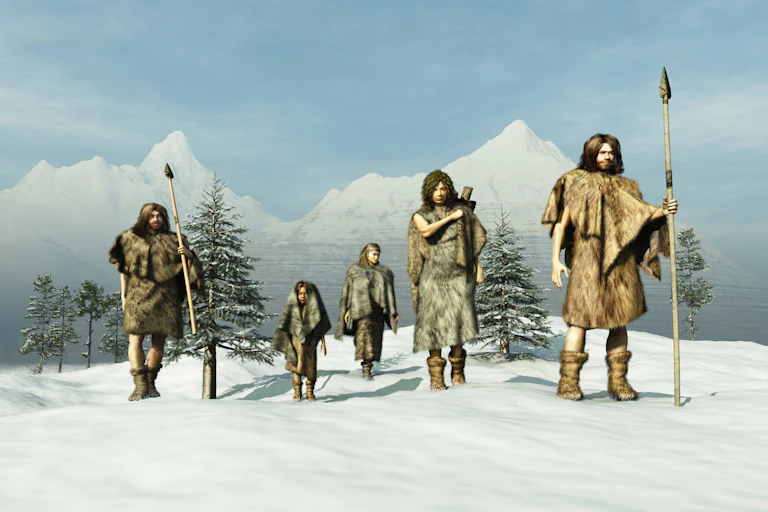 an illustration of three adults and two children wearing animal furs and carrying spears stand in a snowy landscape