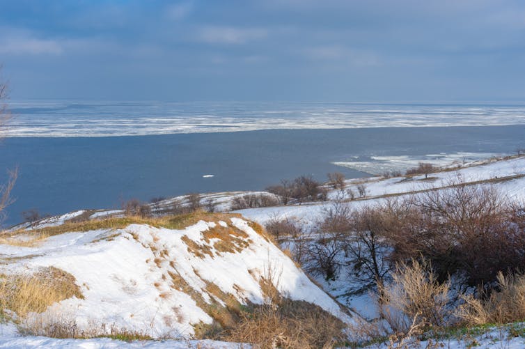 The massive Kakhovka reservoir on the Dnipro River in southern Ukraine.