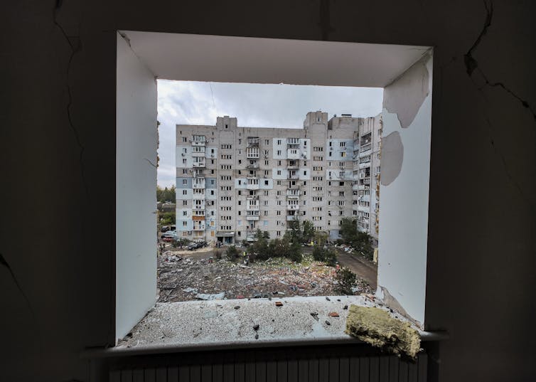 A destroyed tower block in southern Ukraine
