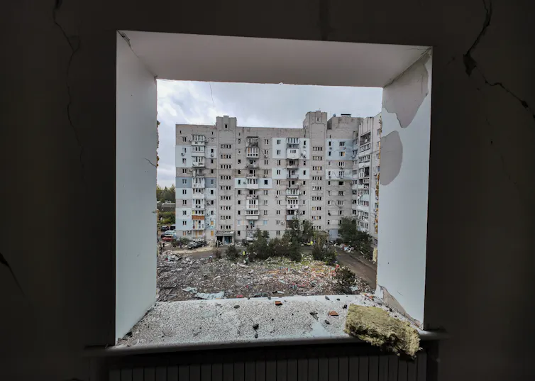 A destroyed tower block in southern Ukraine
