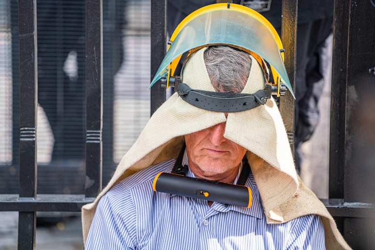 A man with a towel and visor covering his eyes sits with a bike lock around his neck, locking him to the gates of Parliament