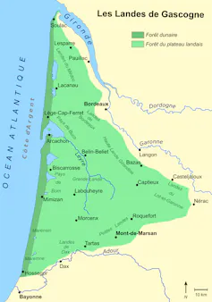 Carte montrant la région naturelle des Landes de Gascogne