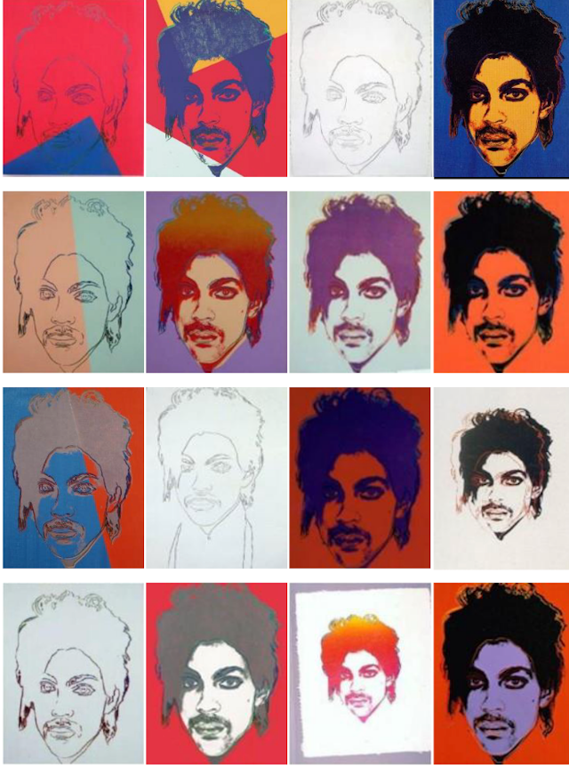 A 4 by 4 grid shows headshots of Prince in different color schemes.