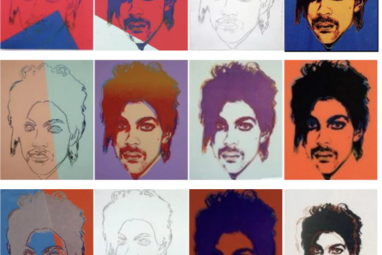 A 4 by 4 grid shows headshots of Prince in different color schemes.