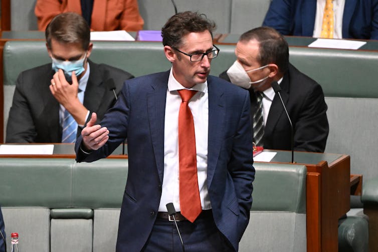 Assistant Treasurer and Minister for Financial Services Stephen Jones addresses parliament on August 2 2022.