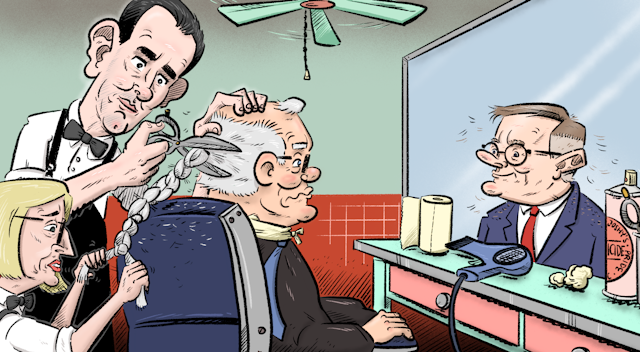 A cartoon featuring Treasurer Jim Chalmers and Finance Minister Katy Gallagher untying and chopping off a braided mullet from ex-PM Scott Morrison, who appears in the mirror to be a freshly clipped Anthony Albanese