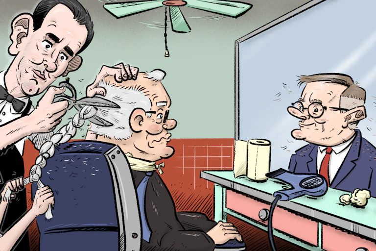 A cartoon featuring Treasurer Jim Chalmers and Finance Minister Katy Gallagher untying and chopping off a braided mullet from ex-PM Scott Morrison, who appears in the mirror to be a freshly clipped Anthony Albanese