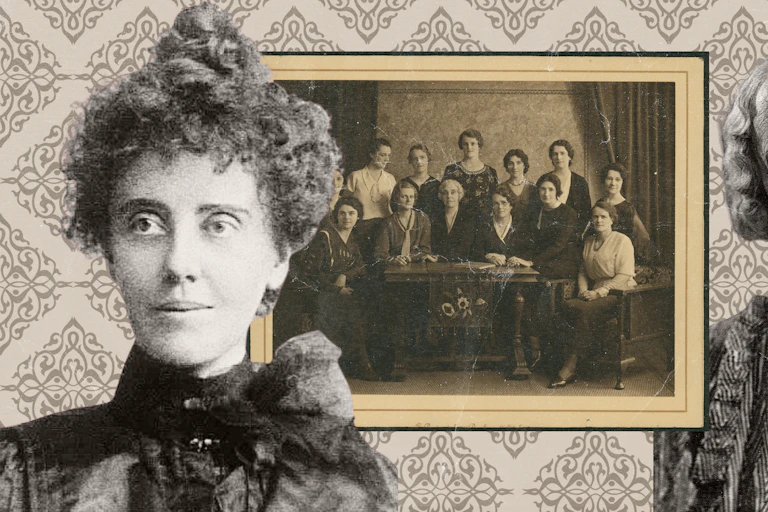 A woman in early 20th-century dress, with a topknot; a group photo of South Australian Women's Police Office members; Kate Cocks as an older woman, with crimped grey hair and a suit with necklace