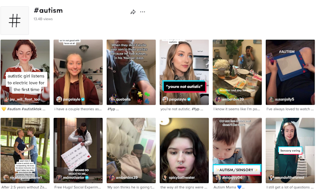 A screenshot of a TikTok webpage shows two rows of posts tagged with #autism