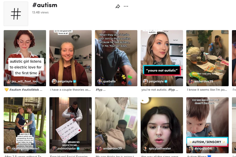 A screenshot of a TikTok webpage shows two rows of posts tagged with #autism