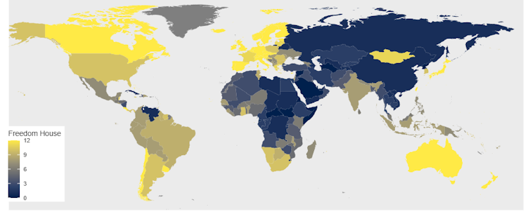 A world map showing democratoc freedoms.