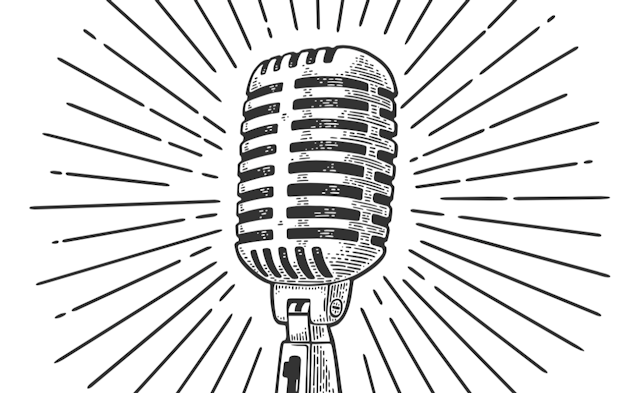 A black and white illustration of a microphone with beams of sound emanating from it.