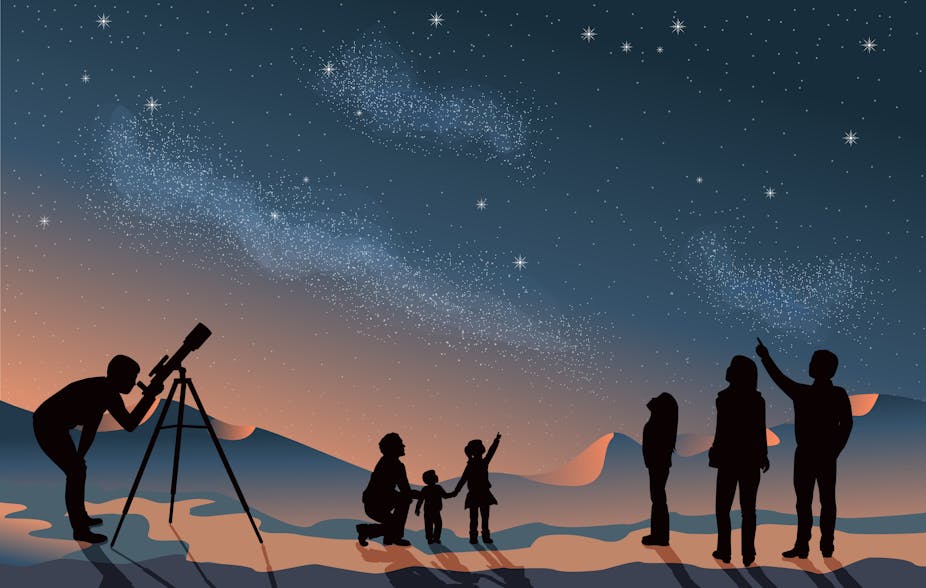 illustration de familles en train d'observer les étoiles.