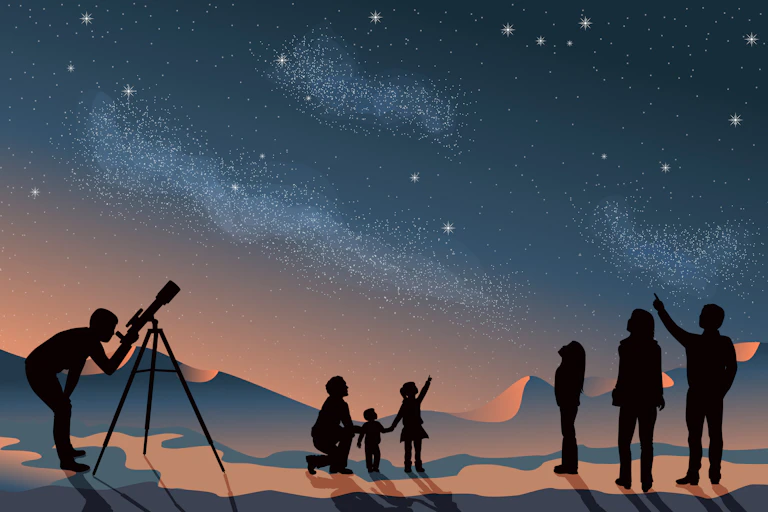 illustration de familles en train d'observer les étoiles.