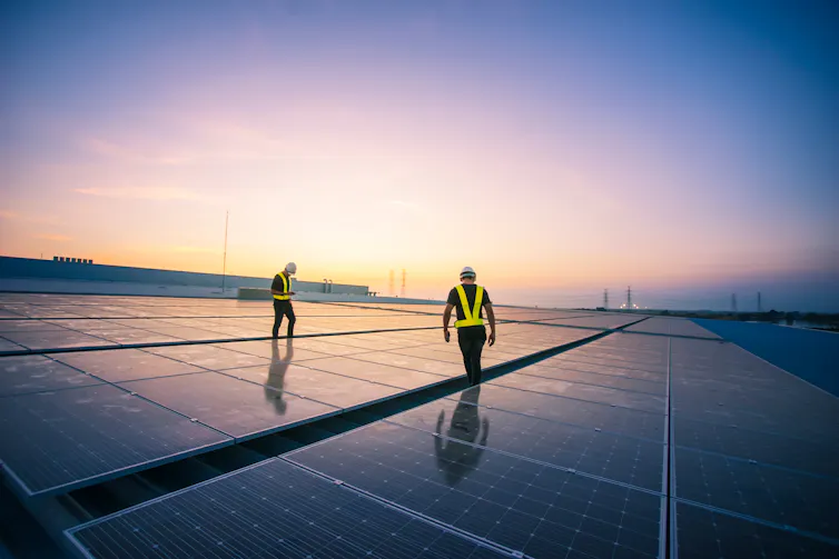 People in hi-vis stood on solar panels