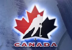 The Hockey Canada logo: a red and black maple leaf with the outline of a hockey player and Canada written below.
